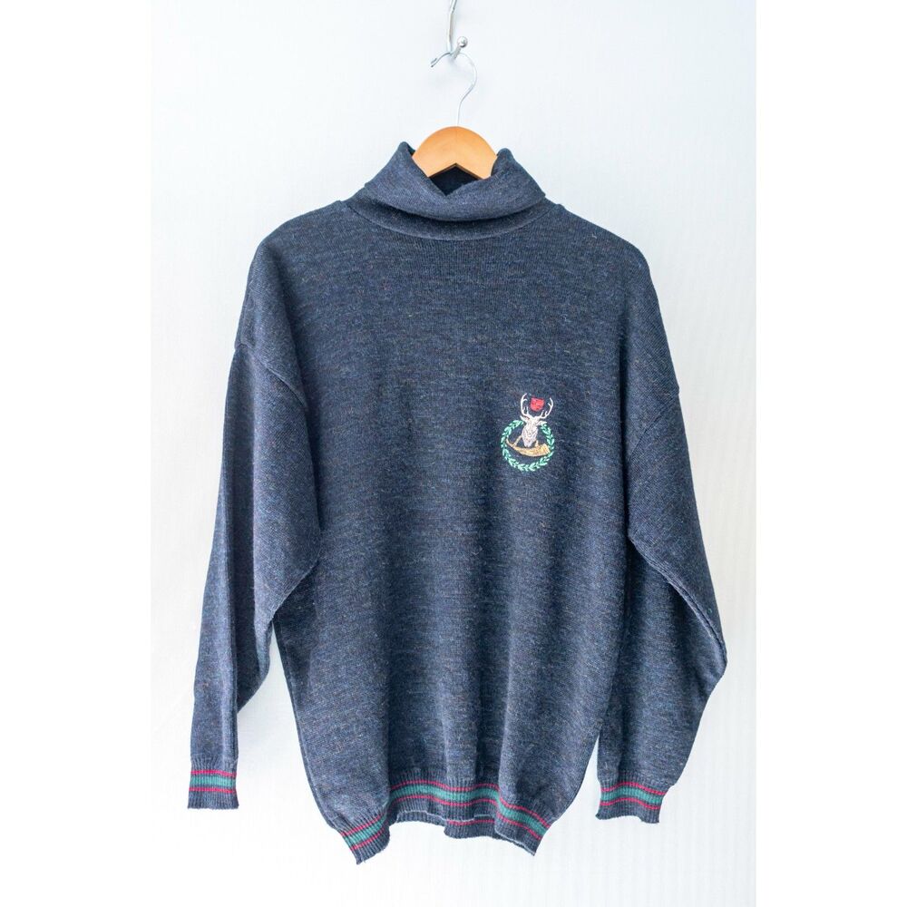 Vintage Peter Werth Blue Embroidered Crest Turtleneck Pullover Sweater Sz Medium